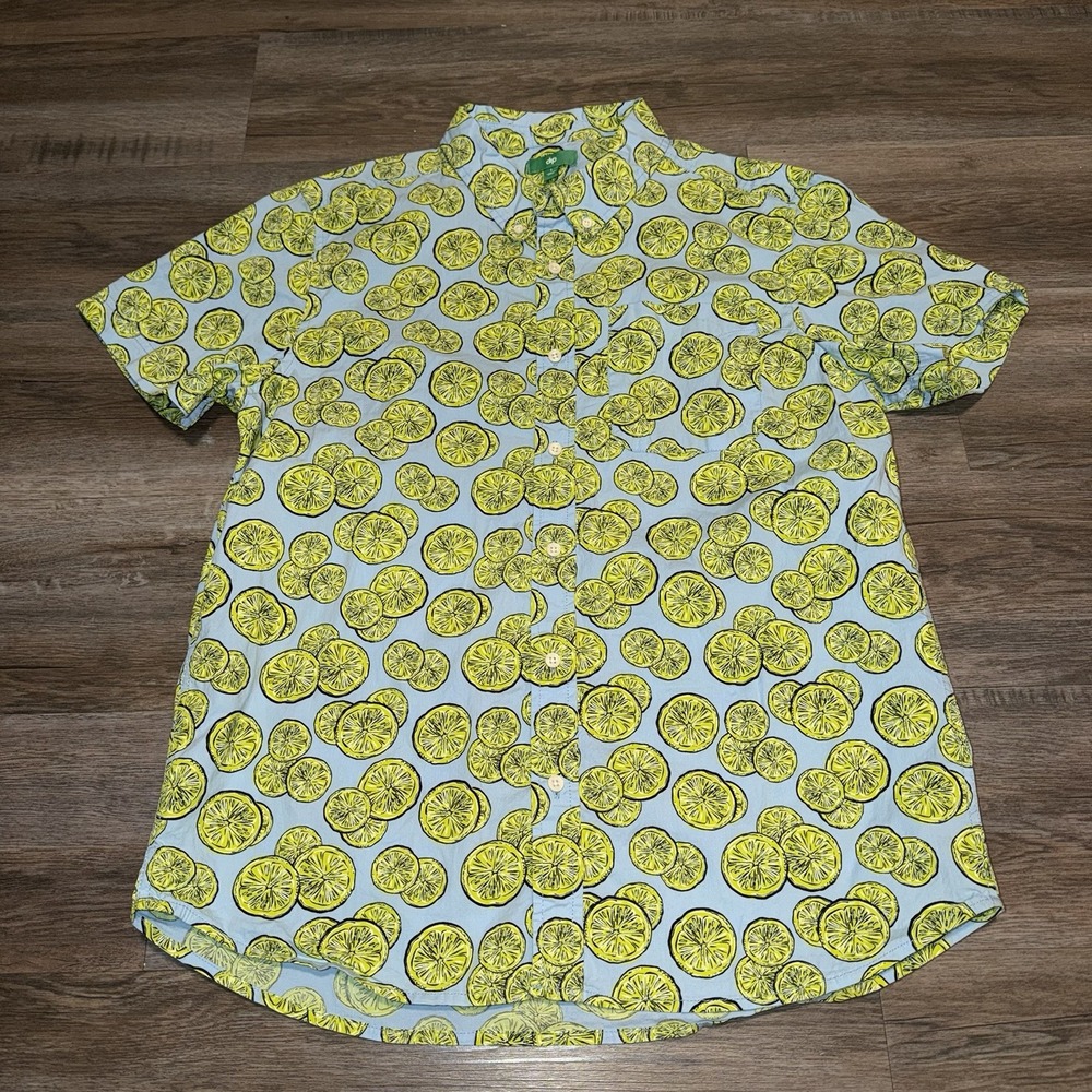 Dip Shirt Mens Large Casual Button-Up Vibrant Yellow Blue Lemon Print Design